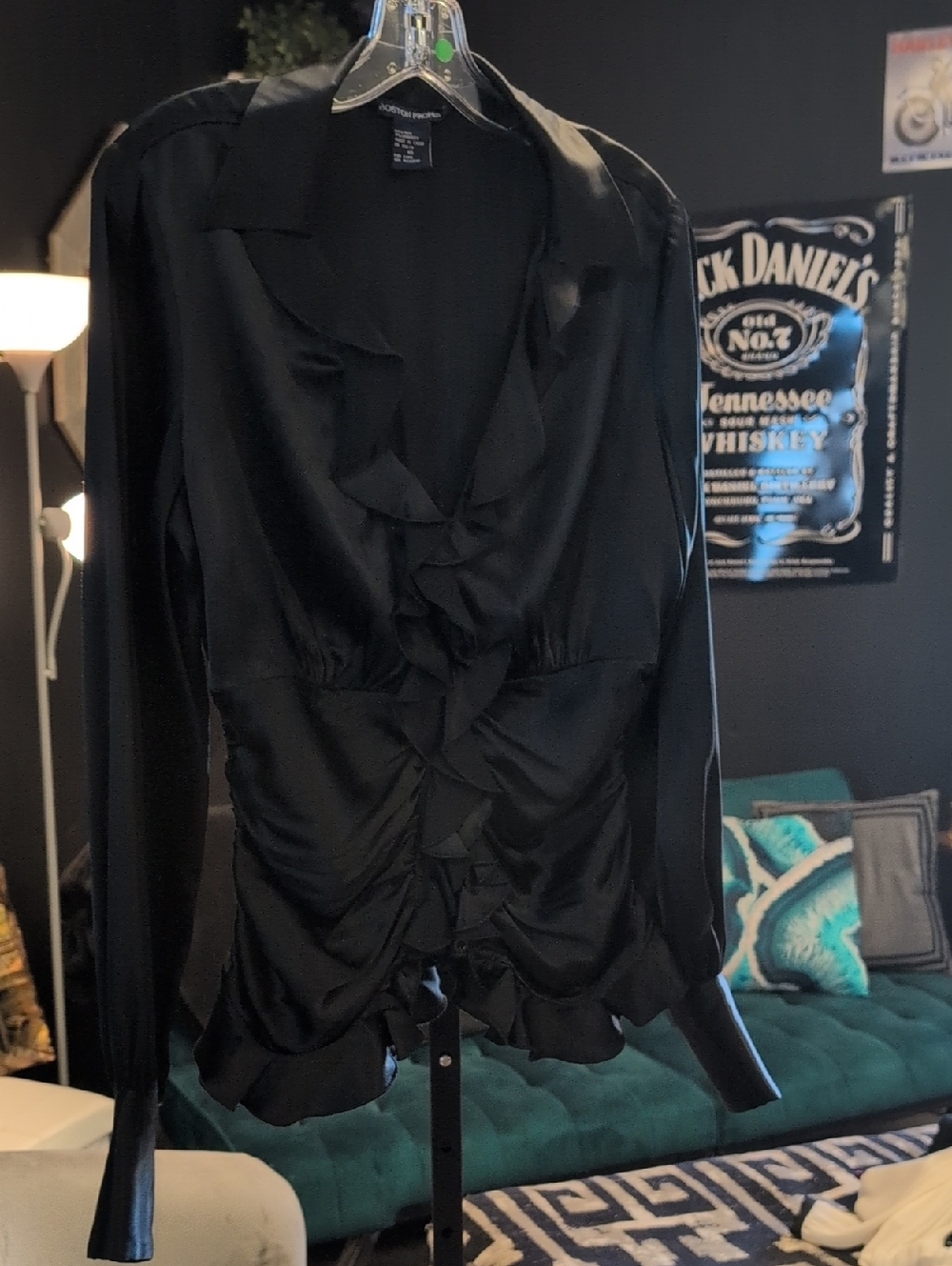 Boston Proper Black Ruffle Front Long Sleeve Blouse